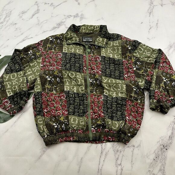 Anney Womens Vintage 90s Silk Bomber Jacket Size XL Green Floral Animal Block